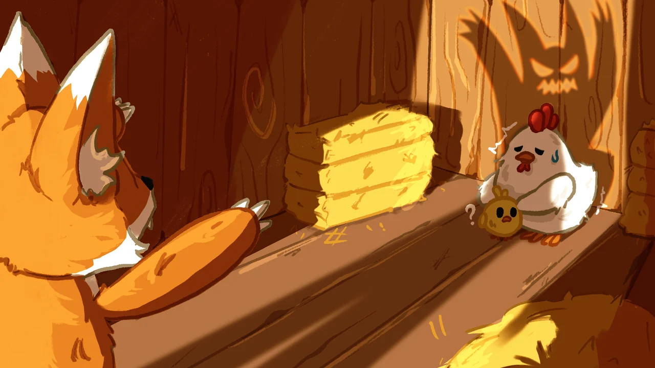 Inside a barn, a fox reaches for a nervous hen and a puzzled chick, its shadow looming huge on the wall behind them.