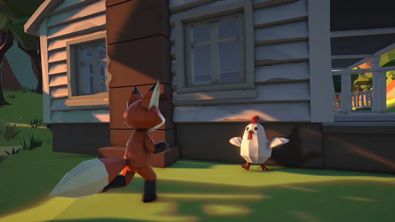 A fox creeps along the wall of a white farmhouse towards a startled hen with its wings spread.