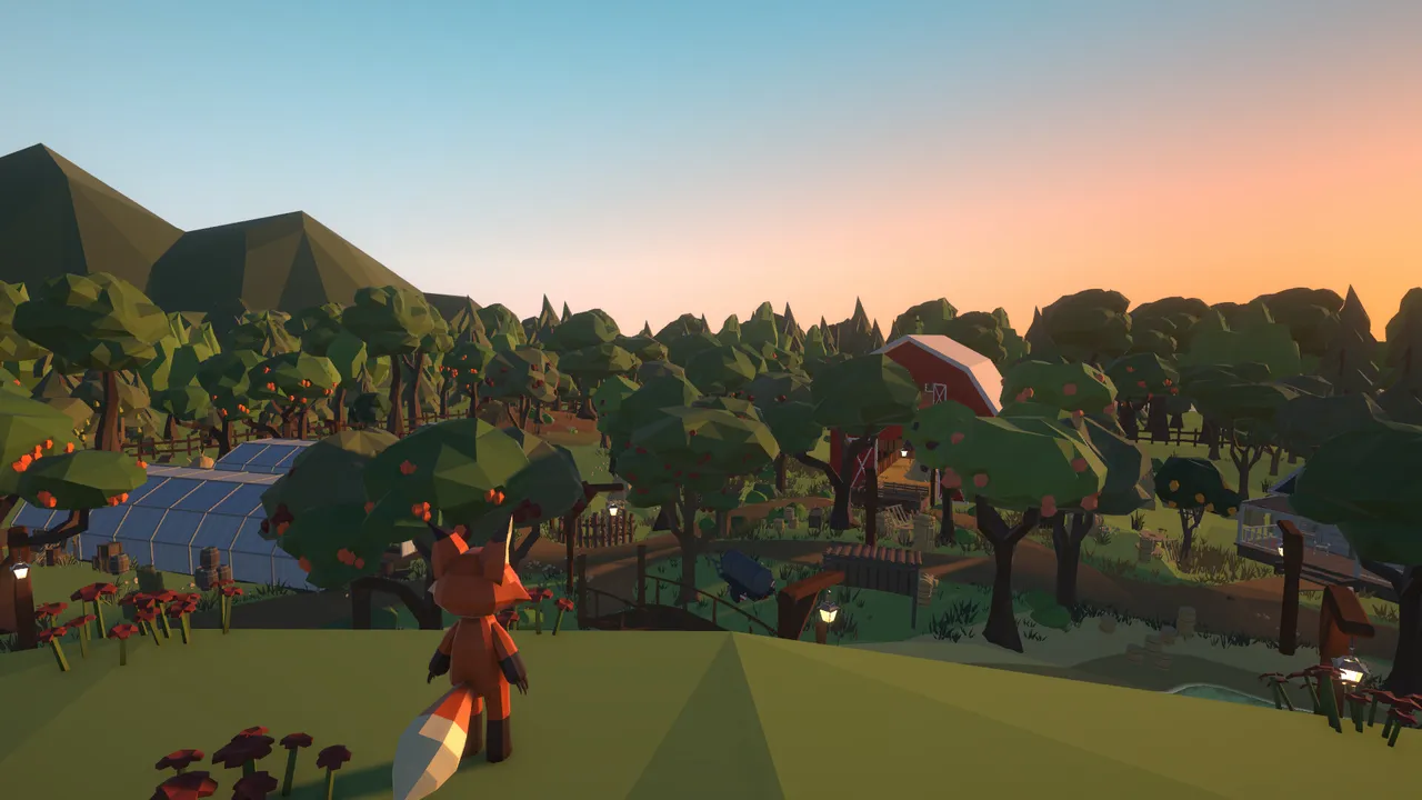 A fox stands on a hill at sunset and looks out over the ranch: orchards, a greenhouse and a red barn.