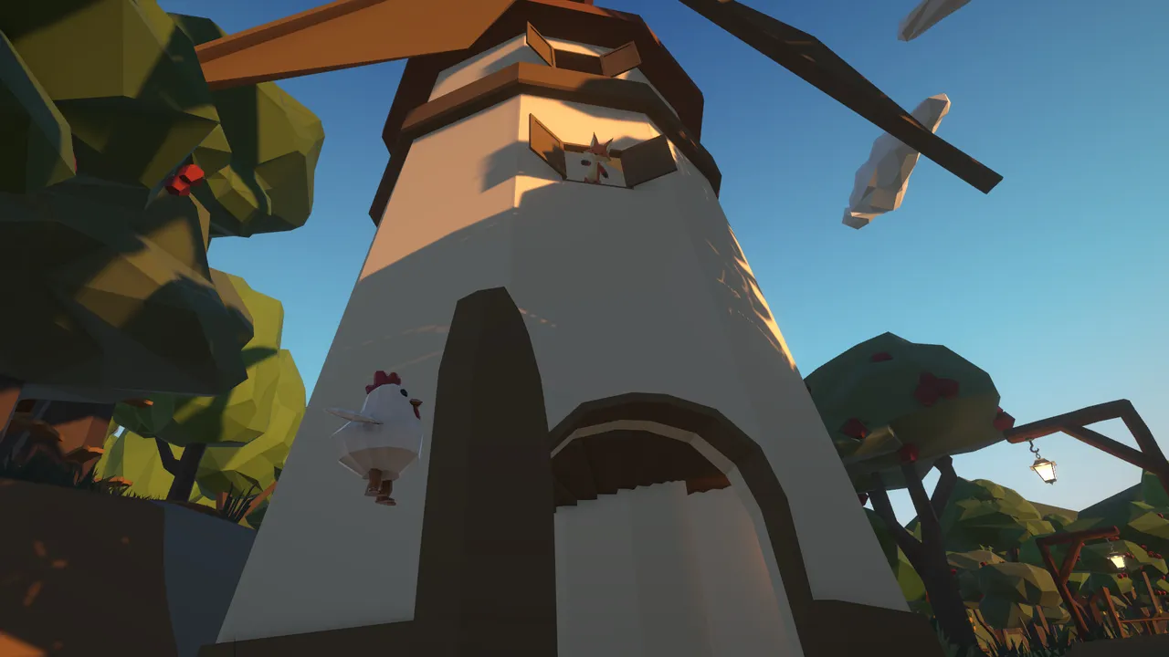 A windmill seen from below: a fox peers out of a window high in the tower as a hen drops past it.