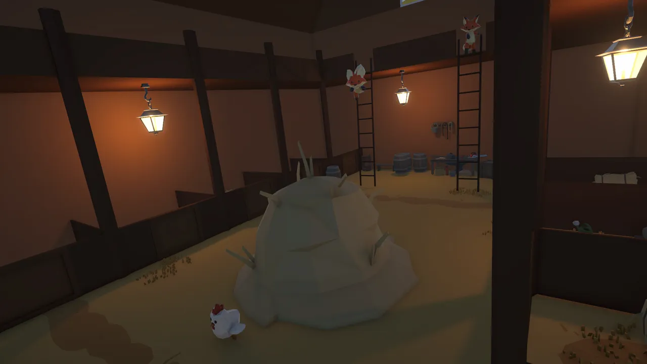 Inside the barn by lantern light: a hen stands by a haystack while another hen and a fox climb the ladders to the loft.