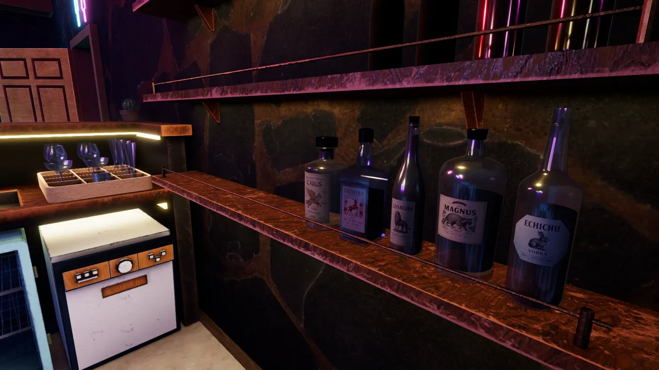 Behind the bar: a shelf of bottles above the dishwasher and a tray of clean glasses.