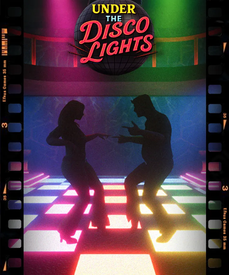Two dancers in silhouette on a lit dance floor, framed as a strip of film, under the game's logo on a mirror ball.