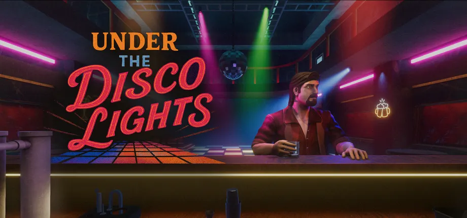 The game's logo in neon lettering beside a bartender holding a glass at the counter, with the dance floor and mirror ball behind him.