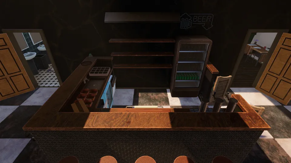 The bar by day, seen from above: the counter, the fridge and two open doors.
