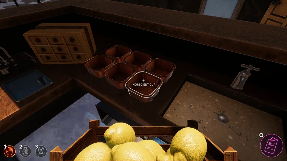 The prep station behind the counter: ingredient cups and a crate of lemons.